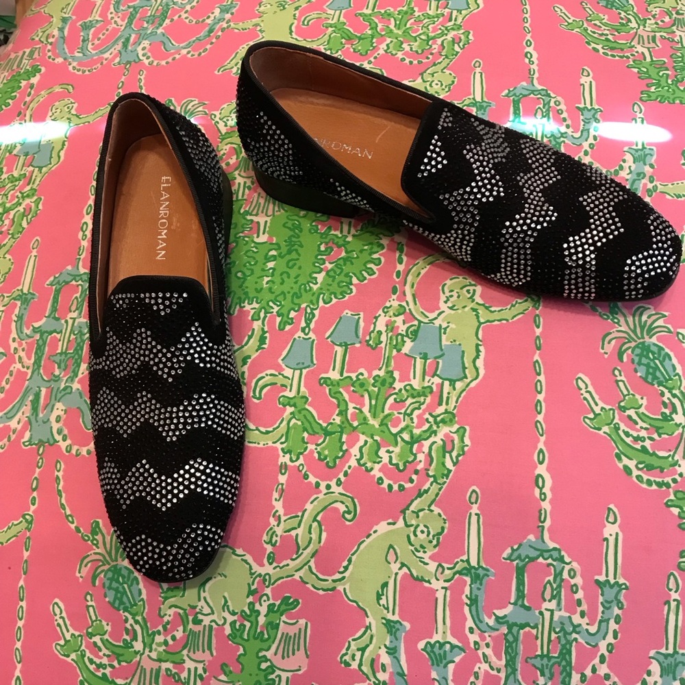 Elanroman silver and black rhinestone men’s loafers size 42